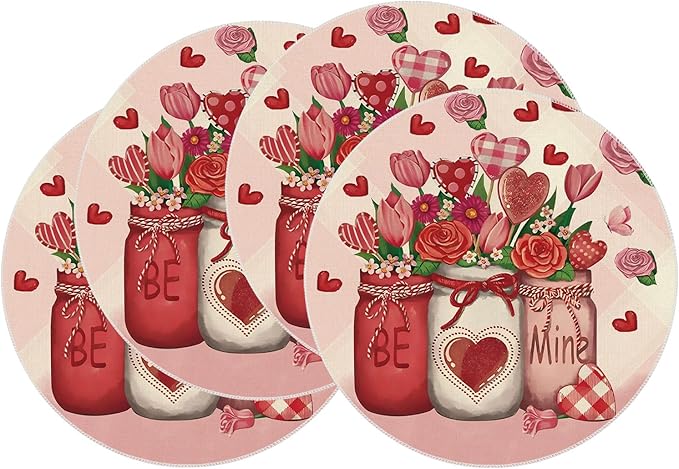 XCHI Roses Flowers Love Hearts Vase Valentine?셲 Day Round Placemats Set of 4 Table Mats for Party Home Kitchen Dining Table Decorations 14x14 Inch