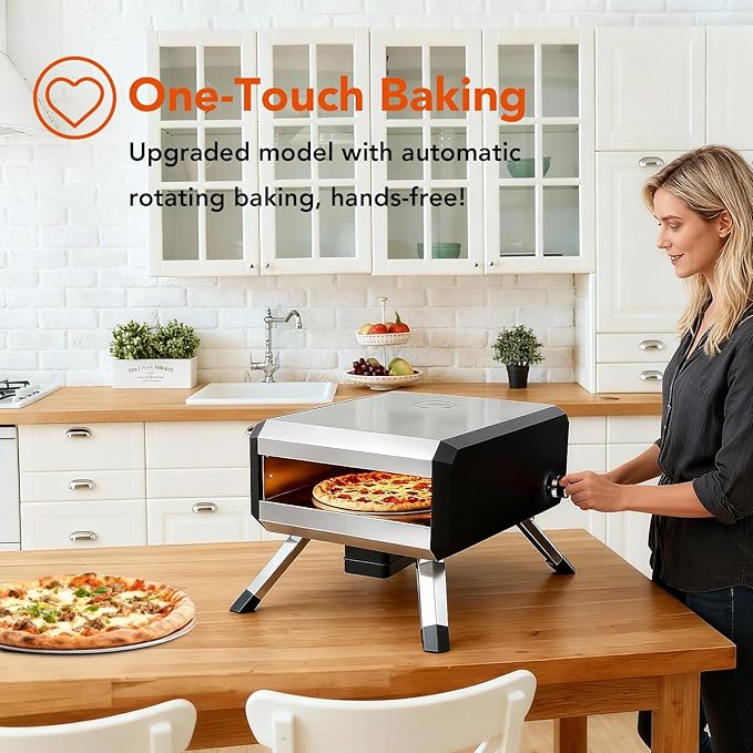 Pizza Oven, with 14" Pizza Stone and Legs,Automatic Rotation Function Outdoor Gas Pizza Ove, Carbon Steel Material,Maximum Temperature of 700째F, for Camping, Parties and Backyard Barbecues,Outdoor