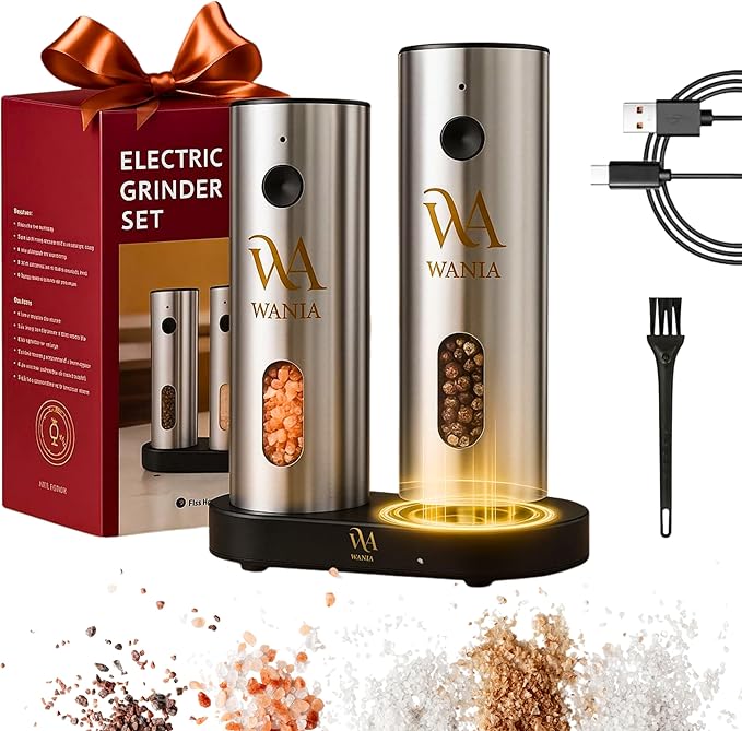 WANIA Electric Salt and Pepper Grinder Set - USB Rechargeable Base, Adjustable Coarseness, LED Light, Automatic One-Hand Operation, Stainless Steel Refillable Mills for Kitchen, BBQ & Gift