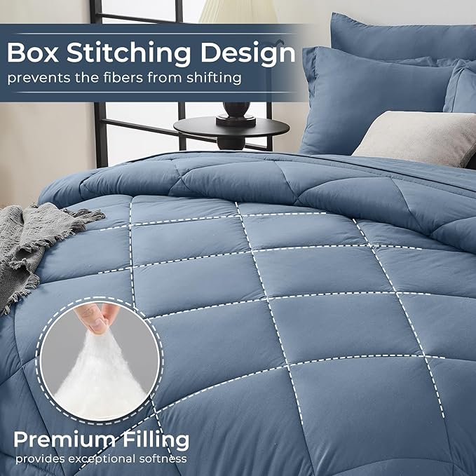 HEVUMYI Dusty Blue King Comforter Set - 7-Piece All Season Bed in a Bag King, Ultra Soft Bedding Set with Comforter, Flat Sheet, Fitted Sheet, Pillowcases, Pillow Shams