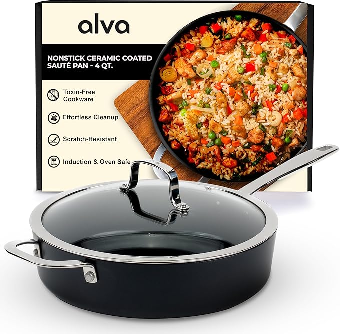 Alva Maestro Nonstick Ceramic Saute Pan with Glass Lid 4Qt. - Easy to Clean, Oven Safe and Made without PFAS, PFOA & PTFE - Induction and All Stovetop Compatible with Even Heat Distribution