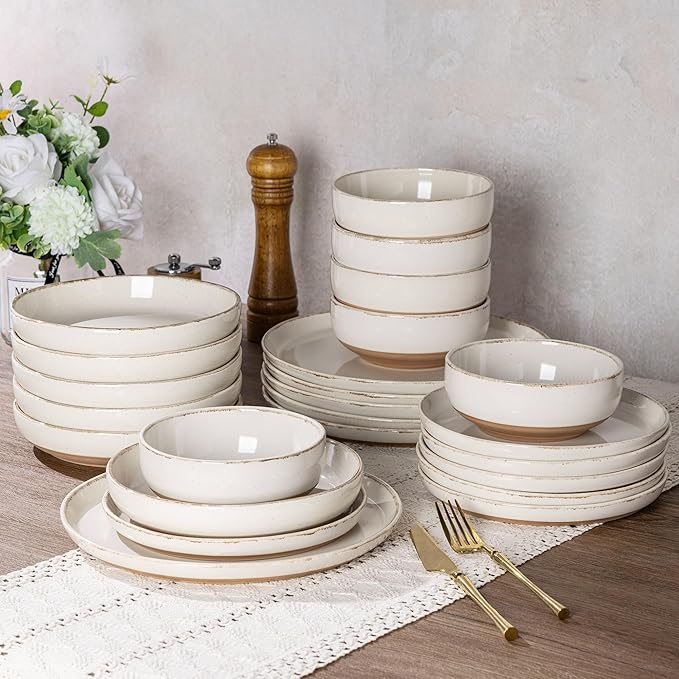 AmorArc Ceramic Dinnerware Sets with Pasta Bowls for 6, Handpainted Plates and Bowls Set with Rustic Terracotta Underside, Scratch Resistant Dishes Set, Dishwasher & Microwave Safe, 24 Pcs