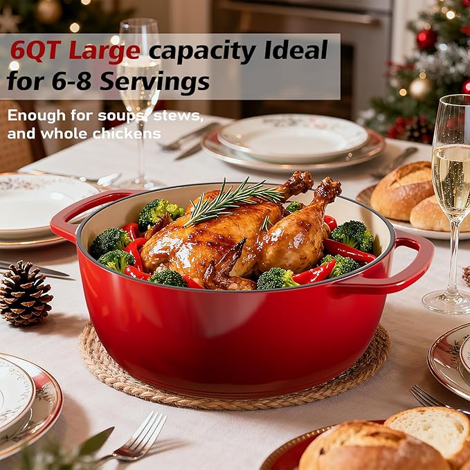 Umite Chef 6QT Enameled Cast Iron Dutch Oven with Lid, Versatile Heavy-Duty Cookware Pot for Baking Bread, Braising, Soups & Stews, Oven & Stovetop Safe with Heat Resistant Gloves（Red）