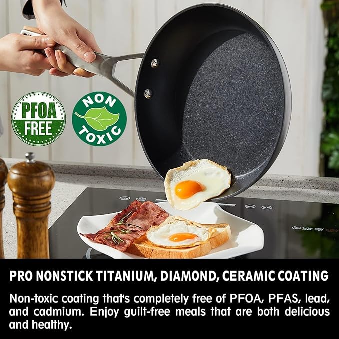 MsMk Non Stick Pans Set 7-Piece, 8, 10, 12 Inch Frying Pans and 12 Inch Induction Wok with Tempered Glass Lids, PRO Heat Distribution, Stay-Cool Handles, Oven Safe 700?? Compatible with All Cooktops