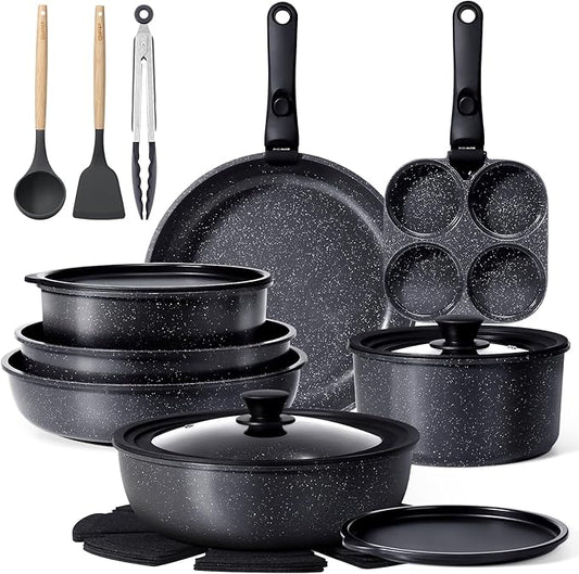 GiPP Ceramic Pots and Pans Set Non Stick, Nonstick Detachable Handle Cookware Sets, Healthy Non Toxic PFAS PFOA & PTFE Free, Dishwasher 竊냀ven Safe, Induction Kitchen Pot and Pan, 21 Piece Grey