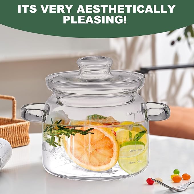 72Oz Borosilicate Glass Saucepan With Lid,Clear Glass Simmer Pot for Cooking on Stove with Lid - Microwave, Stove and Dishwasher Safe Potpourri Pot and Serving Dish