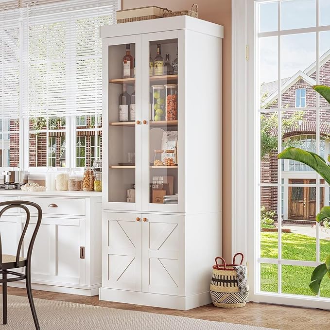71" Tall Farmhouse Bookshelves with Glass Doors, Large Wooden Bookcase with Adjustable Shelves, Storage Cabinet for Living Room, Kitchen, Home Office, Dining Room, White, Set of 3