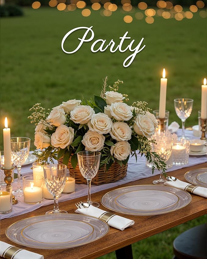 Morejoy 175PCS Clear Gold Plastic Plates - Disposable Gold Party Plates & Pre Rolled Napkins with Cutlery for 25 Guests, 50Plates, 75Silverware, 25Cups, 25Napkin for Party & Thanksgiving