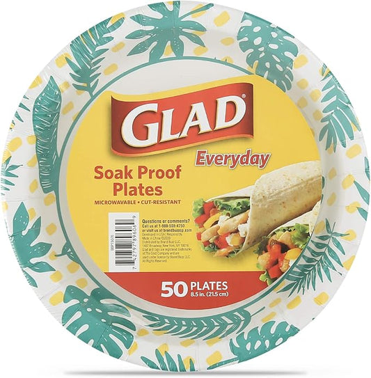 Glad Round Disposable Paper Plates, Palm Leaves Pattern - Strong, Sturdy, Soak Proof, and Microwavable Decorative Plates for Dinner and Everyday Use, 8.5 Inch, 50 Count