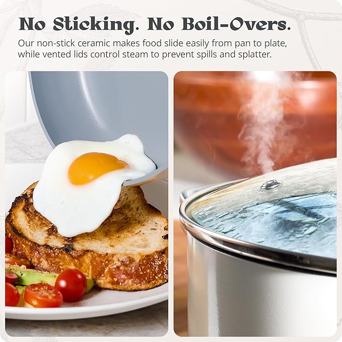Premium Non-Toxic Ceramic Cookware Set ??Triple-Layer Nonstick 12 Piece Pots and Pans with Lids, PFAS-Free, Oven Safe for Healthy Meals, Space-Saving Design, Birch White Color | Greater Goods
