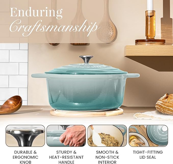 Nuovva Enamelled Cast Iron Dutch Oven Pot with Lid 6.4 Quart Non Stick Casserole Pot ??Heavy Duty & Oven Safe up to 500째 F for Bread Baking, Braising, Stews, Roasting ??28cm Sea Salt