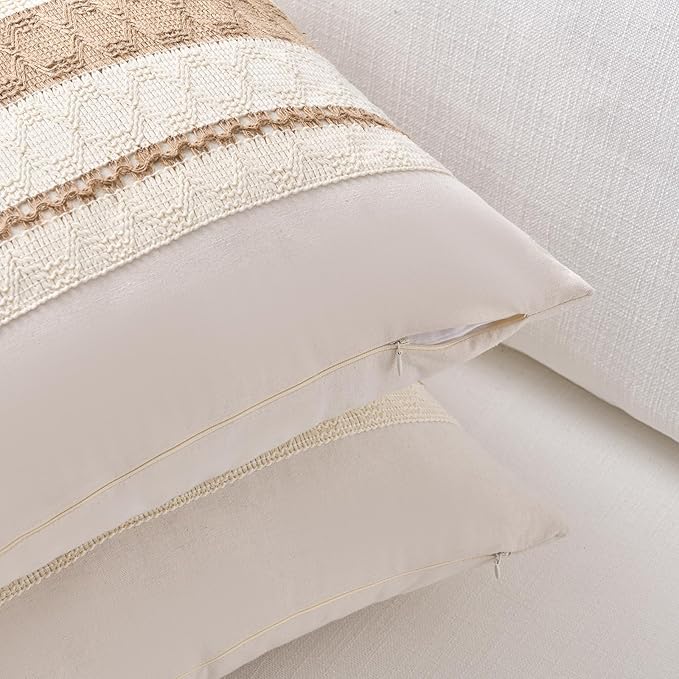 Fancy Homi Set of 2 Boho Neutral Decorative Throw Pillow Cover 18x18 Inch for Couch Bed Sofa, Aesthetic Modern Organic Farmhouse Home Decor, Soft Cotton Cute Accent Macrame Woven Tan Cushion Case