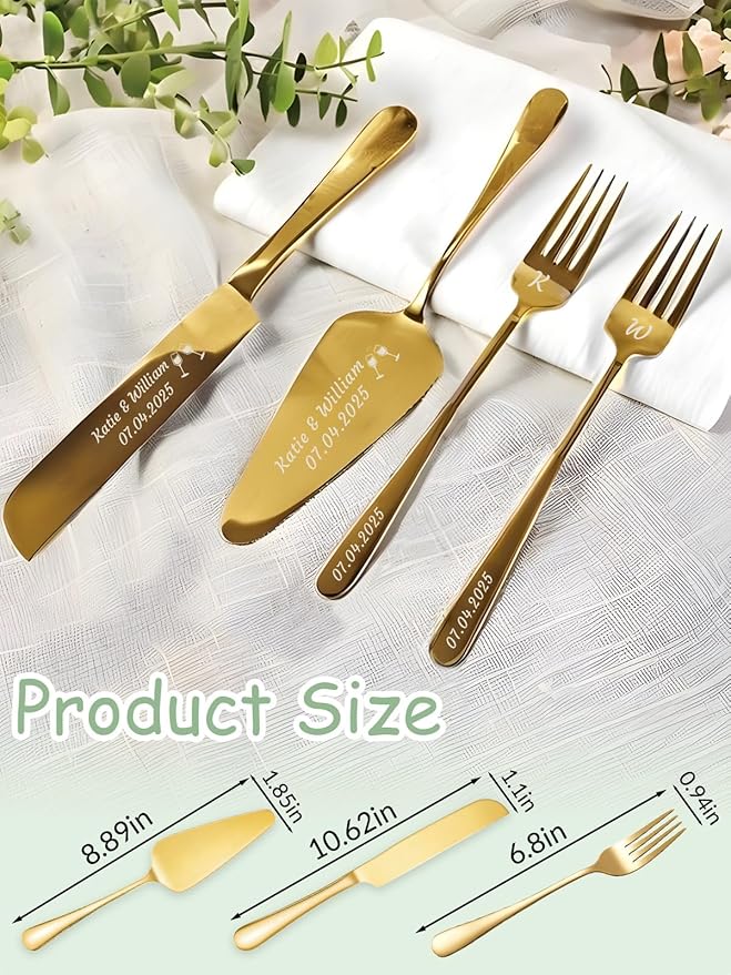 HJX Personalized Cake Knife and Server Set for Wedding - Engraved Stainless Steel Cake Cutting Set, Custom Elegant Cake Cutter Gift for Anniversary Birthday (05-Gift Box Gold)
