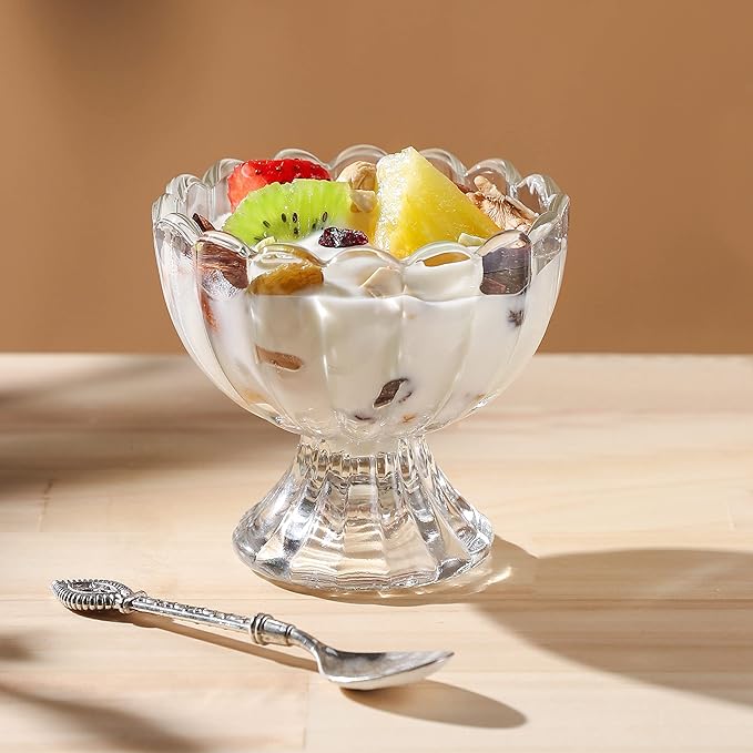 KMwares 6PCs Set 5oz Small Cute Footed Tulip Glass Dessert Bowls/Cups - Perfect for Dessert, Sundae, Ice Cream, Fruit, Salad, Snack, Cocktail, Condiment, Trifle and Christmas Holiday Party (Clear)