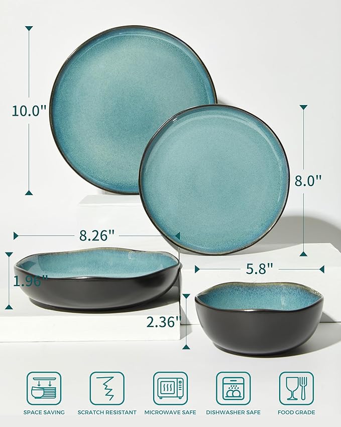 32 Piece Dinnerware Set for 8 with Pasta Bowls, Green Black Reactive Glaze Stoneware | All?멼n?멟ne Host Set for Entertaining, Holiday Meals, Multi?멌ourse Dinners | Unique Irregular Coastal Look