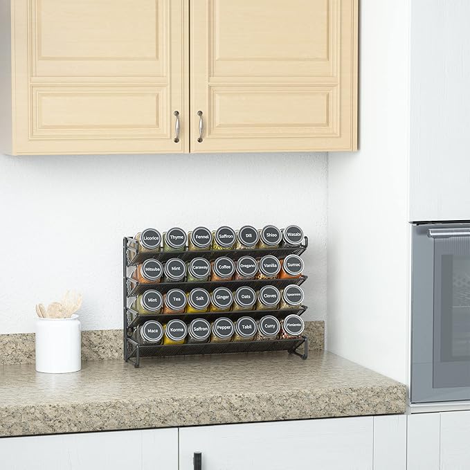 SpaceAid Spice Rack Organizer with 28 Spice Jars, 386 Spice Labels, Chalk Marker and Funnel Set for Cabinet, Countertop, Pantry, Cupboard or Door & Wall Mount - 28 Jars, 13.4" W 횞 10.8" H, Black