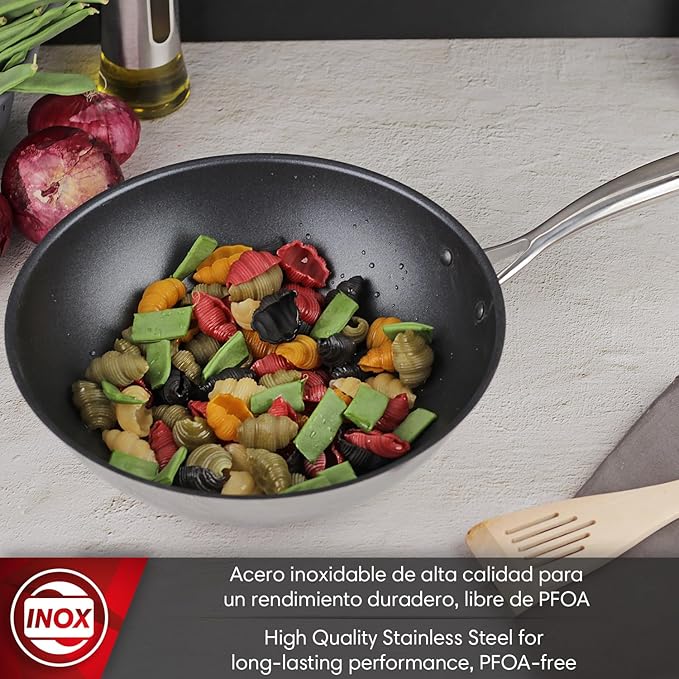 Magefesa Balance 11-Inch Stainless Steel Wok ??3-Layer Heat-Diffusing Bottom, Non-Stick Coating, Riveted Stainless Steel Handle, Induction & Oven Safe, Easy-Serve Rim, Polished Exterior