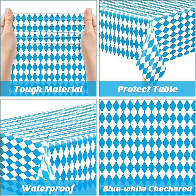 QZYL 3 PCS Oktoberfest Tablecover, 54 X 108 in Disposable Plastic Beer Festival Party Supplies, Rectangular Blue White Checkered Tablecloth, Oktoberfest Decorations for Kitchen Dining Party Holiday