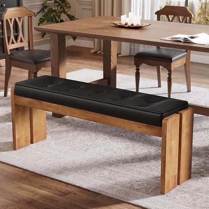 TRIBEWOOD 47-Inch Solid Wood Entryway Bench, Modern End of Bed Bench with Button-Tufted Leather Pad and Wooden Legs, for Living Room, Bedroom, Kitchen, Hallway, Black & Brown