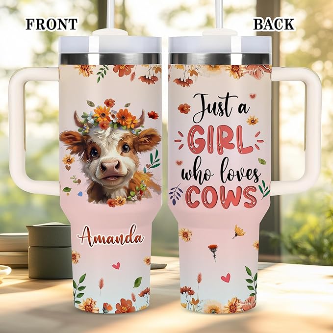 AGGLOMEKC Personalized Cute Cow Cup - Mother's Day Birthday Gift For Animal Lovers - Just A Girl Who Loves Cow Tumbler 40oz With Custom Name - Pet Lover Gifts For Women, Her