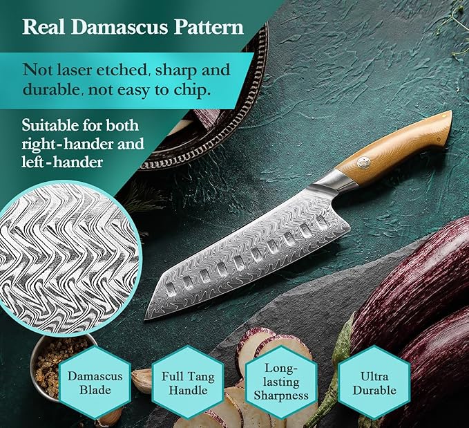 HEZHEN Damascus Santoku Knife, 7 Inches, 67 Layers Damascus Steel, Ultra Sharp Blade, Japanese Chef Knife for Professional Chefs and Home Cooking, Linen Micarta Handle, Gift Packing