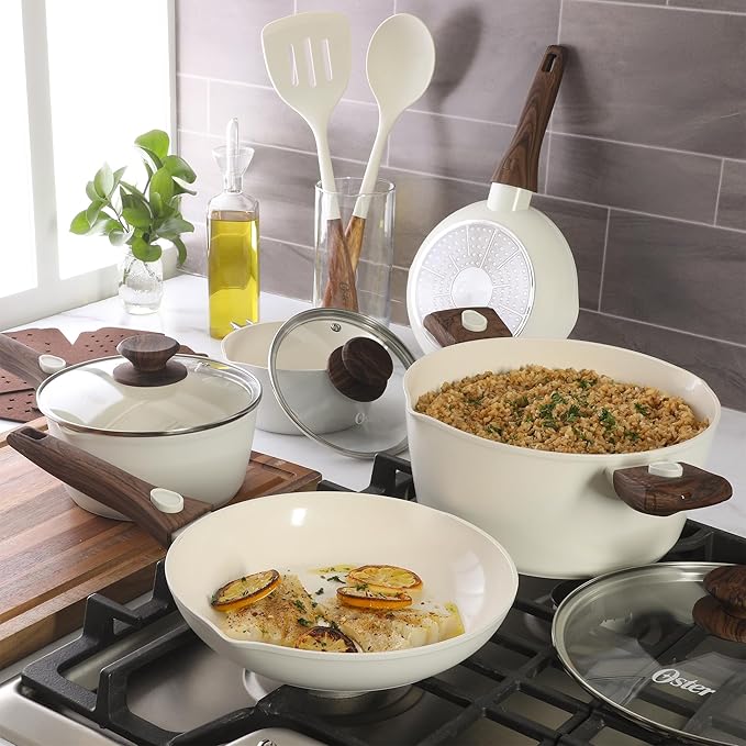 Oster SmartHandle Advance 18-Piece Ceramic Nonstick Cookware Set ??Matte Linen Finish, Induction, Detachable Handles, Oven & Dishwasher Safe Pots Pans, w/Utensils & Pan Protectors