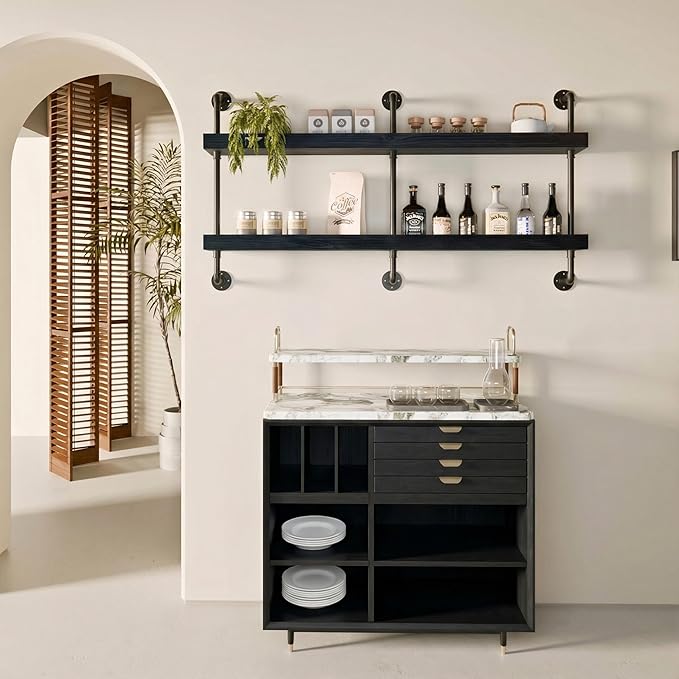 Industrial Wine Rack Wall Mounted, Solid Wood Shelf with Metal Pipe Brackets, 2-Tier Rustic Hanging Organizer for Wine Bottle Storage in Kitchen, Bar, Pub, Cellar(Black, 60 Inch)