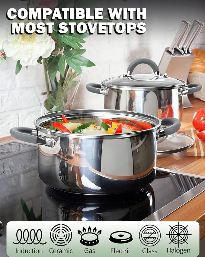 Cook N Home Stock Pot with Lid, 12-Quart Basic Stainless Steel Sauce Cooking Soup Pot, Stay-Cool Silicone Handles