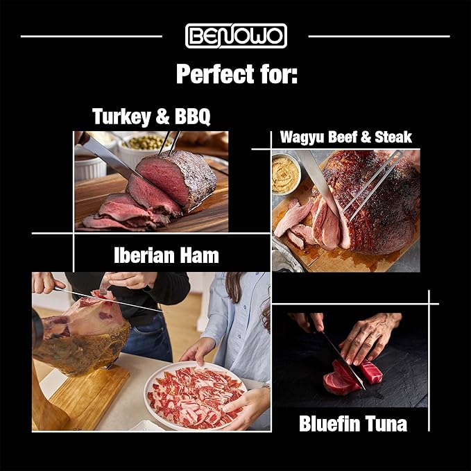Benowo Carving Knife Set 2-Piece, 8-inch Turkey Carving Knife and Fork Set Stainless Steel Kitchen Knife for Steak, Hibachi Knife and Fork, BBQ Carving Fork with Gift Box ??Designed in USA