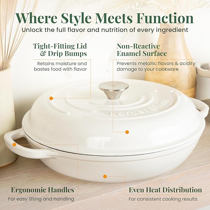 Larder & Vine Enameled Cast Iron Braiser | 3.6 qt Braiser Pan with Lid | Shallow Dutch Oven Compatible on All Cooktops | Casserole Dish Oven Safe to 500째 F | Dual Handles | White