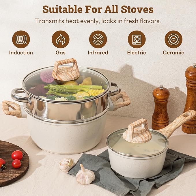 17 Pcs Pots and Pans Set Non stick竊똂ookware Sets White Granite Induction Cookware, Non-toxic Healthy Non Stick Kitchen Cooking Set with Frying Pans Set, Saucepans (PFAS, PFOA, PFOS Free) White