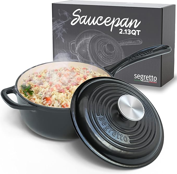 Small Sauce Pan with Lid, 2.13 QT Nero (Black) Sauce Pot, Small Pot with Stay Cool Helper Handle and Tight-Fitting Lid, Warmer Pan- Segretto Cookware
