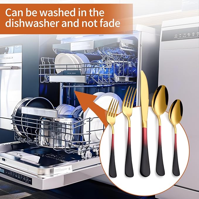 20 Piece Black Red and Gold 18/0 Flatware Utensil Set for 4, Include Dinner Knife,Dinner Forks,Dinner Spoons,Salad Forks,Teaspoons,Silverware Set for 4, Dishwasher Safe