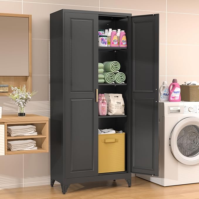75??Tall Kitchen Pantry Cabinet,Metal Storage Cabinet with Doors and Adjustable Shelves,Modern Kitchen Hutch Cabinets,Freestanding Cupboard for Dining Living Room