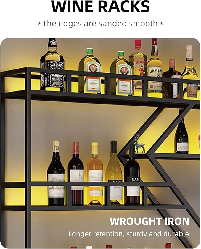 94 Inch Modern Wall Mounted Wine Rack with LED Light, Large Metal Bar Shelves for Liquor Bottles, Stylish Wall Wine Rack Storage Organizer for Dining Room & Home Bar(Gold-Blue Led, 94in)