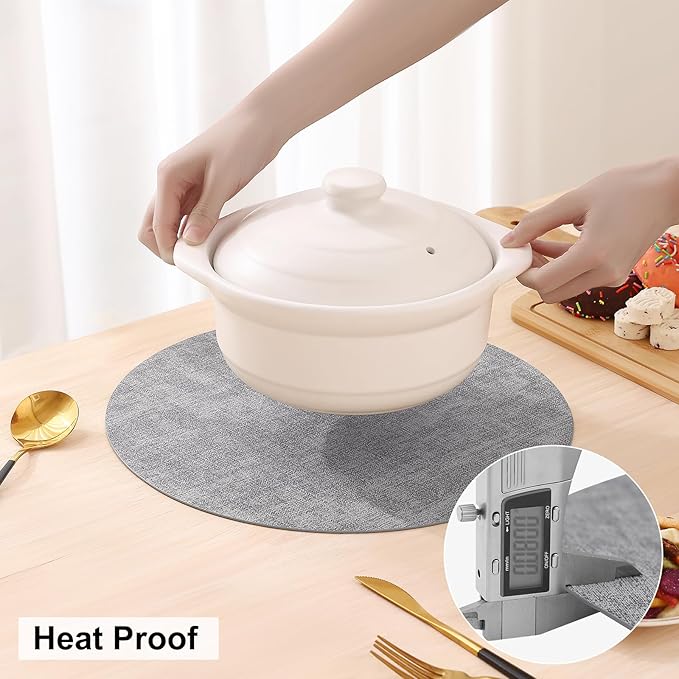homing Round Faux Leather Placemat and Coaster 8 Packs, Washable Heat Resistant Dining Place Mats, Wipeable Double-Sided Table Mats for Indoor and Outdoor, Diameter 13 and 3.93 inch, Light Grey