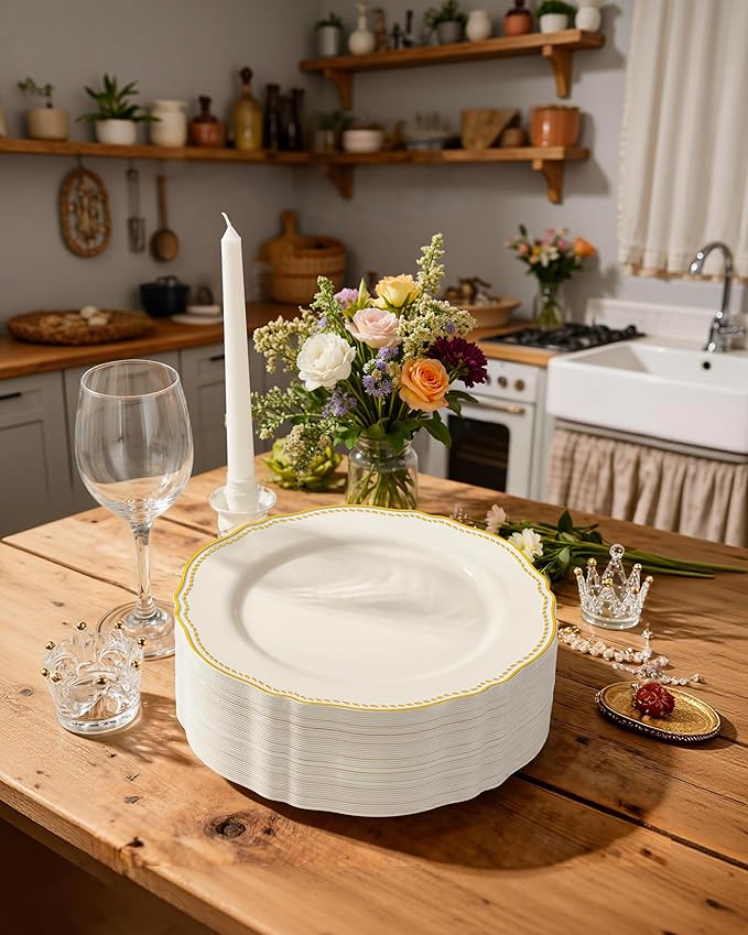 Hioasis 60PCS Ivory Plastic Plates - Ivory and Gold Disposable Dinnerware with Gold Rim, Heavy-duty, 10 inch, Dinner Plates for Party & New Year