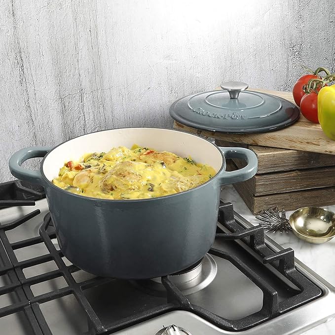 Crock-Pot Artisan 7-Quart Round Enameled Cast Iron Dutch Oven ??Slate Gray, Heavy-Duty Cookware for Slow Cooking, Baking, Roasting with Lid