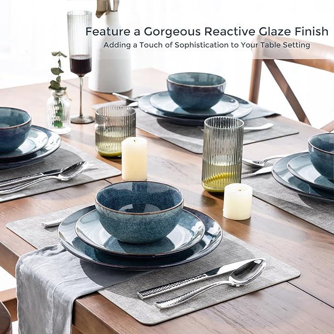 AmorArc Ceramic Dinnerware Sets for 4, 12 Pieces Handpainted Plates and Bowls Set, Scratch Resistant Stoneware Dishes Set, Dishwasher & Microwave Safe, Ceylon Blue
