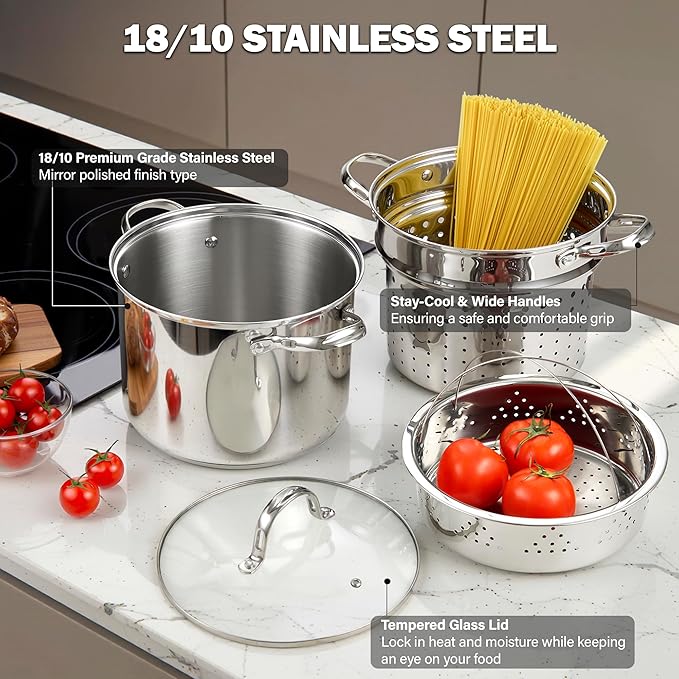 Cooks Standard Pasta Pot with Strainer Basket, 18/10 Stainless Steel 8 Quarts Stock Pot Spaghetti Cooker Tamale Crab Steamer Multipots with Glass Lid, 4-Piece Set