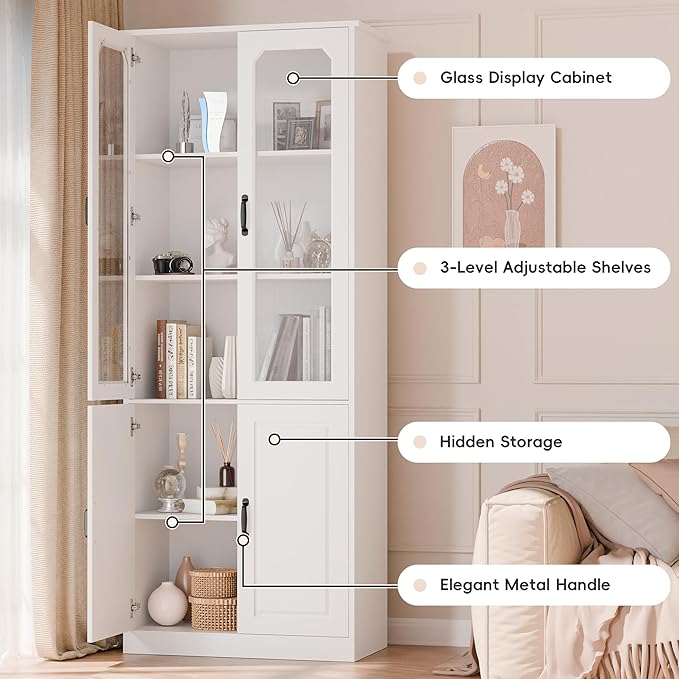 MU 78.7" Tall Kitchen Pantry with 2 Glass Doors, Freestanding China Cabinet with Adjustable Shelves, Large Kitchen Pantry Storage Cabinet Cupboard for Dining Room, Living Room, White (Large, 31.5" W)