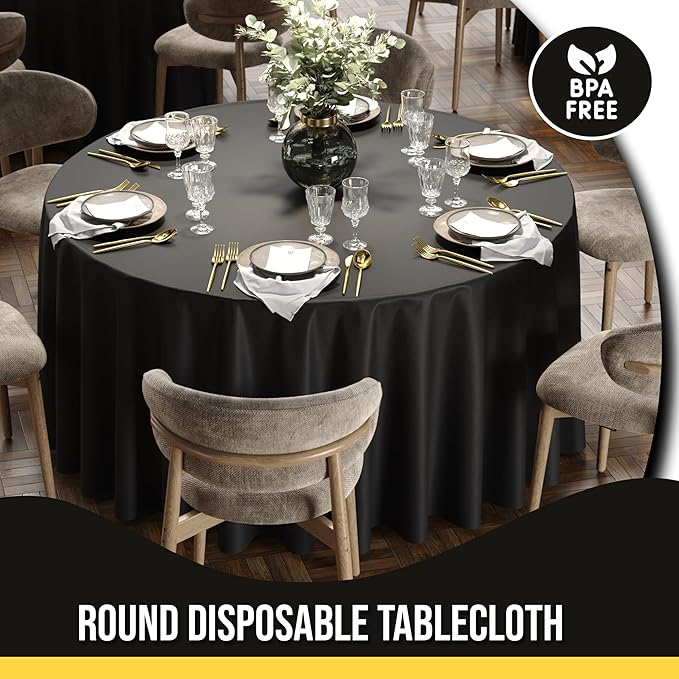 Party Solids 12-Pack Black Round Plastic Tablecloth Disposable ??Size: 108 Inches ??Round Plastic Table Cloths for Parties, Picnics & Formal Events