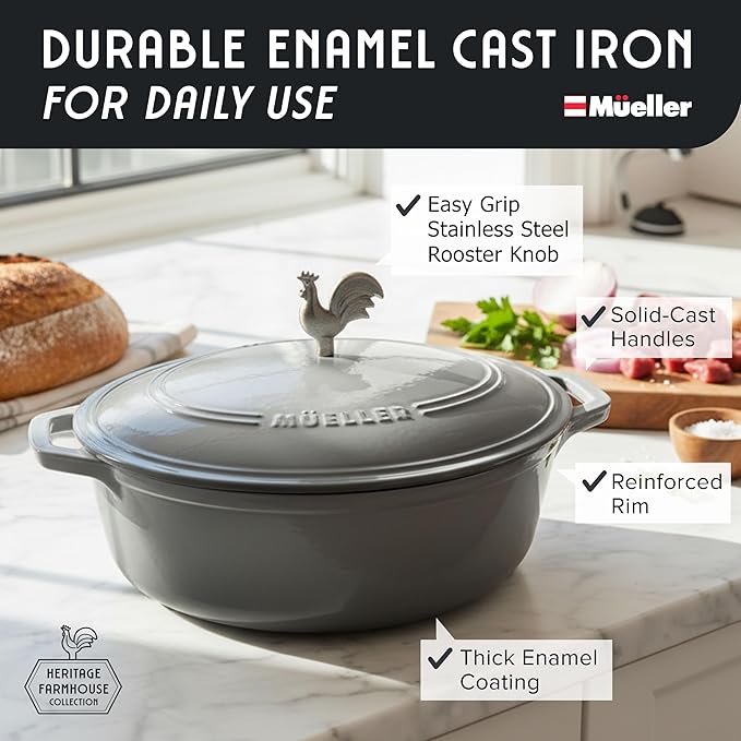 MUELLER HOME 5.5 Quart Enameled Cast Iron Oval Dutch Oven with Rooster Knob & Cotton Potholders, Heavy-Duty Cookware, Oven-Safe up to 500째 F & Across All Cooktops, Gifts for Grandma & Women, Gray