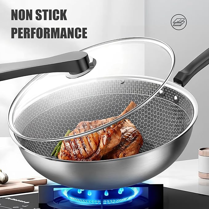 13.4??Stainless Steel Wok Pan with Lid ??Honeycomb Non Stick Stir Fry Pan for Induction, Gas, Electric & Ceramic Cooktops ??Tri-Ply Deep Frying Wok with Stay-Cool Handle, PFOA-Free