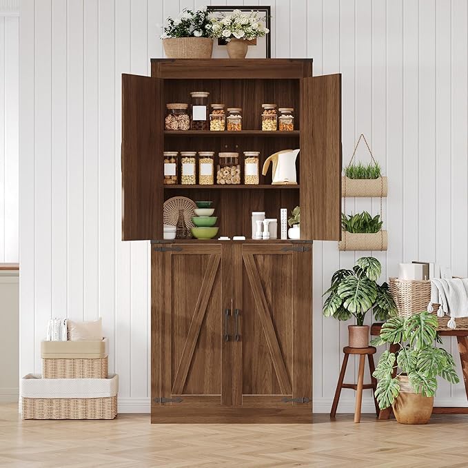 IDEALHOUSE 71" Tall Pantry Cabinet, Farmhouse Kitchen Pantry Storage Cabinets with 4 Doors and 5 Shelve, Large Narrow Food Storage Cabinet Cupboard for Dining Room Living Room