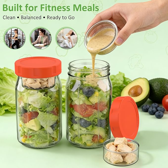 4Pack Glass Salad Jars with Lids, 32oz Salads Mason Jars with Wet/Dry Separation Cup, Meal Prep Salad Containers for Lunch, Leakproof Wide Mouth Food Storage Containers, BPA-Free Reusable (Orange)