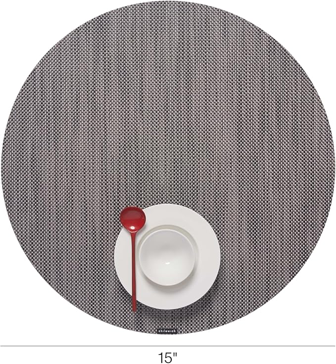 Chilewich Mini Basketweave Placemats in Light Grey - Set of 4 - Easy Care Woven Tabletop Textiles - Indoor/Outdoor - 15" Round