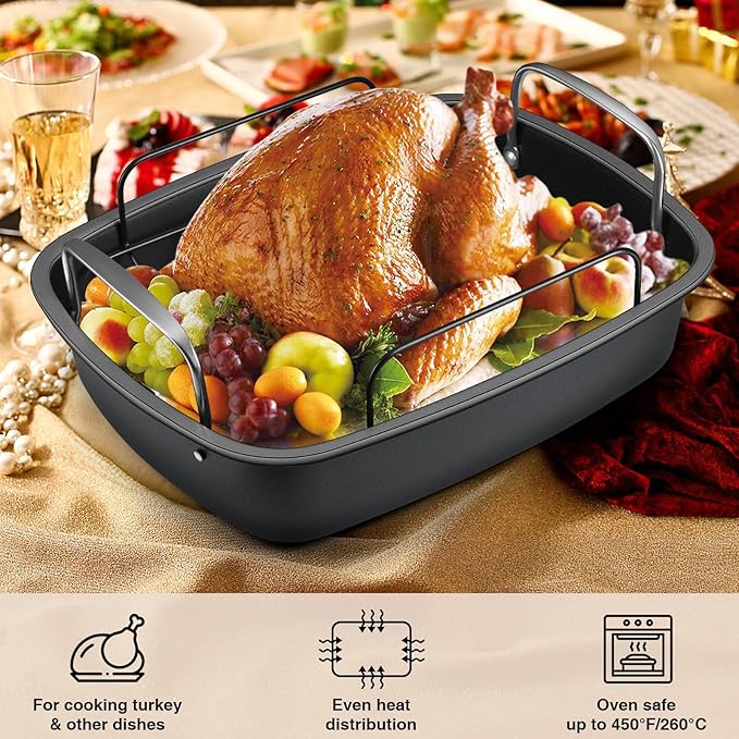 Nonstick Turkey Roasting Pan with Rack - 17횞13 Inch Extra Large Roaster Pan, Deep Turkey Tray for Oven, U-Shaped Rack, Wider Handles, Ideal for Ovens, Thanksgiving, and Christmas