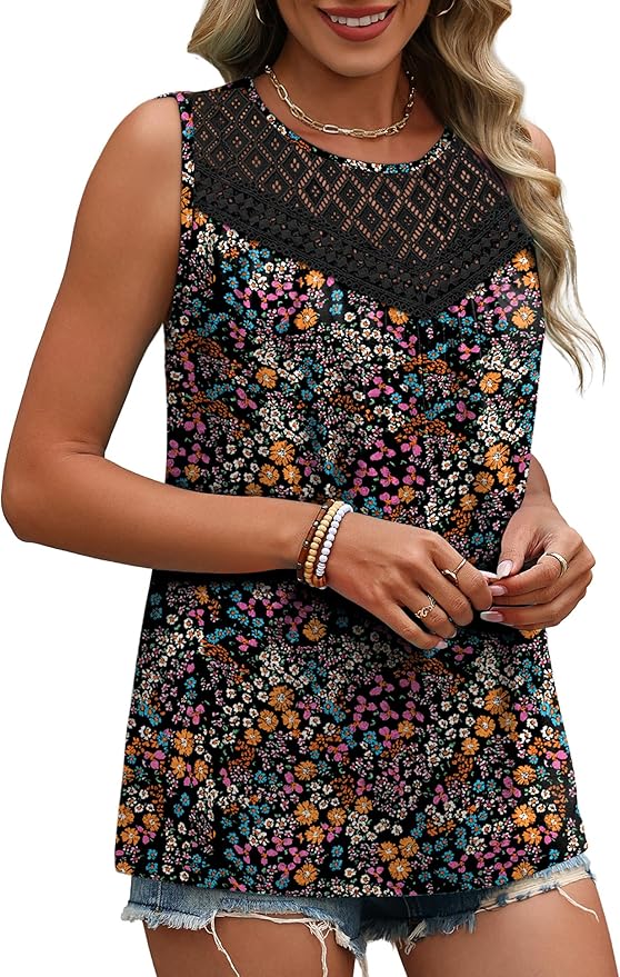 XIEERDUO Womens Tank Tops Sleeveless Lace Crochet Boho Tops Loose Fit Pleated Tunics Crewneck Summer Vacation Outfits Flowy