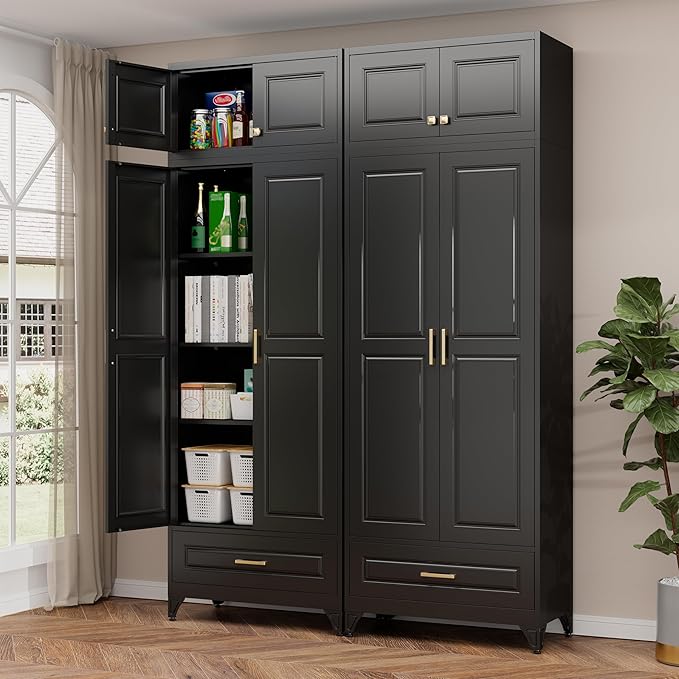Metal Storage Cabinet, 90" Black Pantry Cabinet with 4 Doors and 4 Adjustable Shelves, Tall Cabinets for Dinning Living Room and Dining Room
